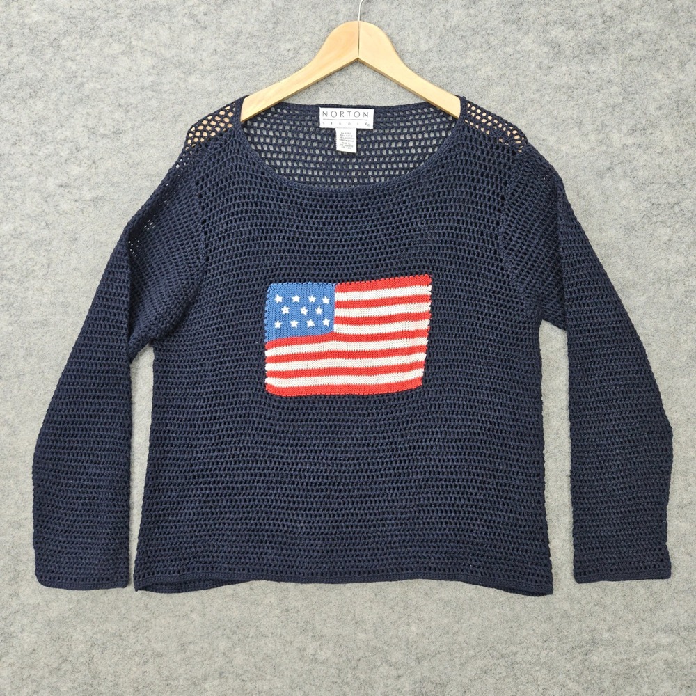Norton Studio Women's Blue Sweater Size L Ramie/Cotton American Flag Open Knit